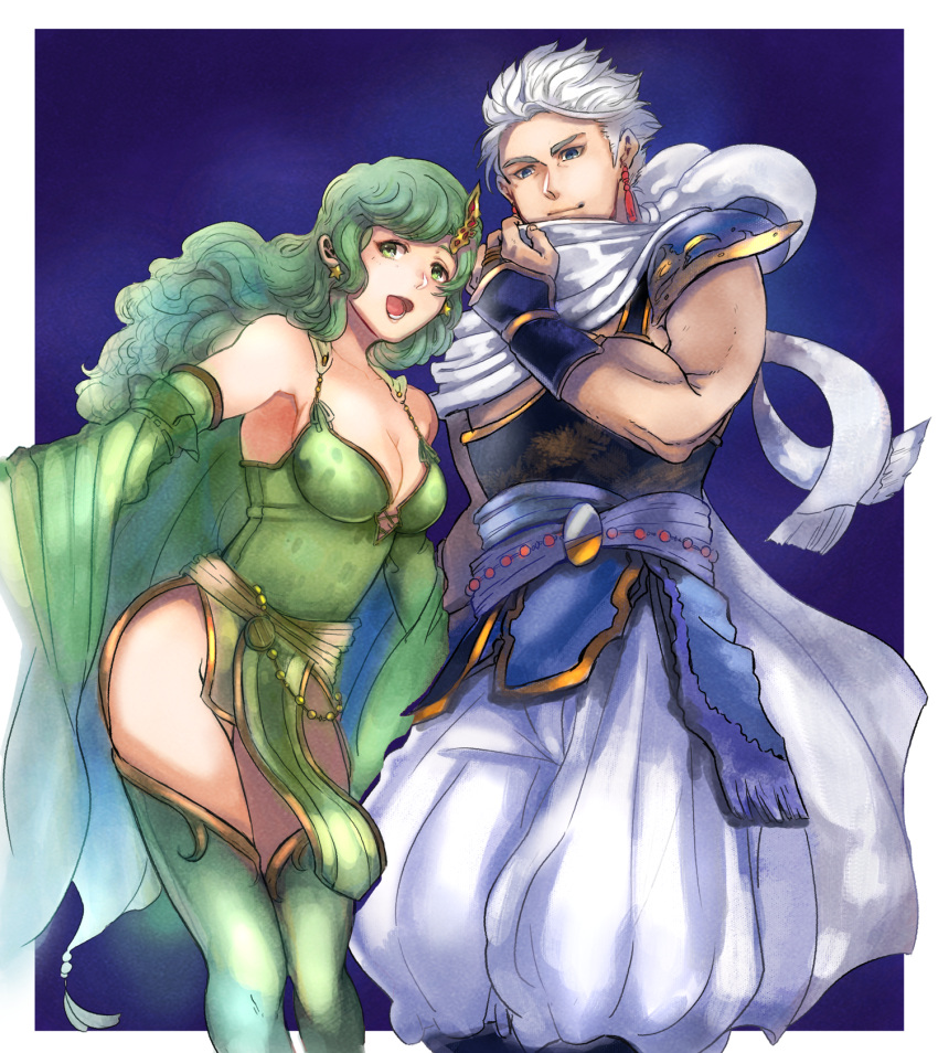 1boy 1girl bare_shoulders breasts cleavage closed_mouth dated detached_sleeves earrings edward_geraldine final_fantasy final_fantasy_iv green_hair green_leotard hair_ornament highres jewelry leotard long_hair looking_at_viewer odendazo older open_mouth rydia_(ff4) smile thighhighs