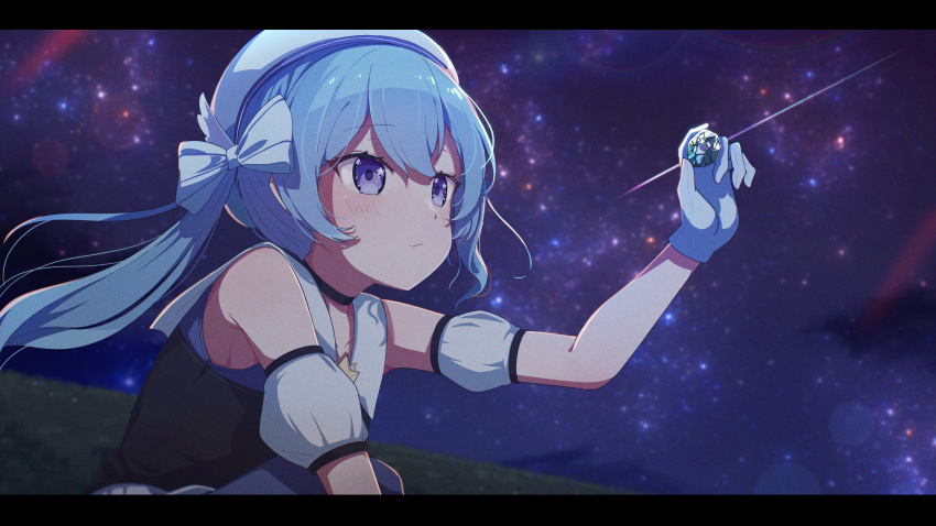 1girl absurdres arm_up bare_shoulders beret black_vest blue_hair blush bow closed_mouth commentary_request detached_sleeves falling_star gem gloves hair_bow hat highres holding holding_gem hololive hoshimachi_suisei long_hair looking_away night night_sky okota_mikan outdoors puffy_short_sleeves puffy_sleeves purple_eyes shirt short_sleeves side_ponytail sky sleeveless sleeveless_shirt solo star_(sky) star_(symbol) star_in_eye starry_sky symbol_in_eye vest virtual_youtuber white_bow white_gloves white_headwear white_shirt white_sleeves