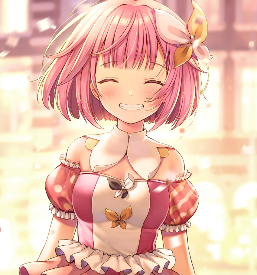 1girl :d ^_^ asymmetrical_sleeves bangs banned_artist bare_shoulders blurry blurry_background blush breasts closed_eyes commentary_request confetti depth_of_field detached_sleeves facing_viewer frilled_sleeves frills hair_ornament highres medium_breasts mismatched_sleeves ootori_emu open_mouth pink_hair project_sekai puffy_short_sleeves puffy_sleeves revision short_sleeves smile solo yuuka_nonoko