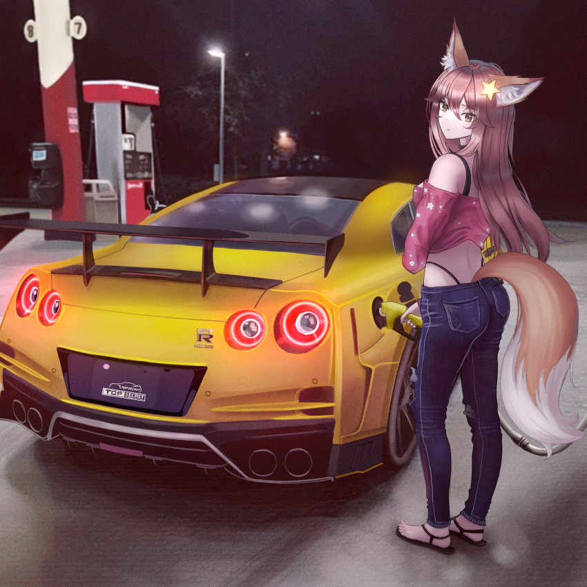 1girl absurdres animal_ears annytf bangs blue_pants brown_hair car commentary denim english_commentary fox_ears fox_girl fox_tail from_behind gas_pump gas_pump_nozzle gas_station ground_vehicle hair_ornament highres holding indie_virtual_youtuber jeans lamppost lit_for_20 long_hair looking_at_viewer looking_back motor_vehicle night night_sky nissan nissan_gt-r outdoors pants photo_background sky solo sports_car standing star_(symbol) star_hair_ornament tail virtual_youtuber yellow_eyes