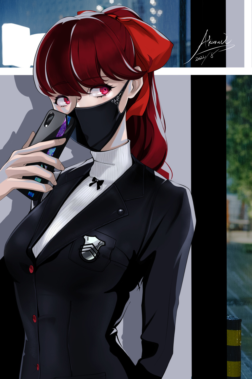 1girl 2022 absurdres akanui arm_behind_back bangs black_jacket black_mask blazer buttons cellphone commentary_request covered_mouth hair_ribbon highres holding holding_phone jacket long_hair looking_away looking_to_the_side mask mixed-language_commentary mouth_mask persona persona_5 persona_5_the_royal phone ponytail red_eyes red_hair red_ribbon ribbed_sweater ribbon school_uniform shuujin_academy_uniform signature solo sweater turtleneck turtleneck_sweater uniform upper_body white_sweater yoshizawa_kasumi