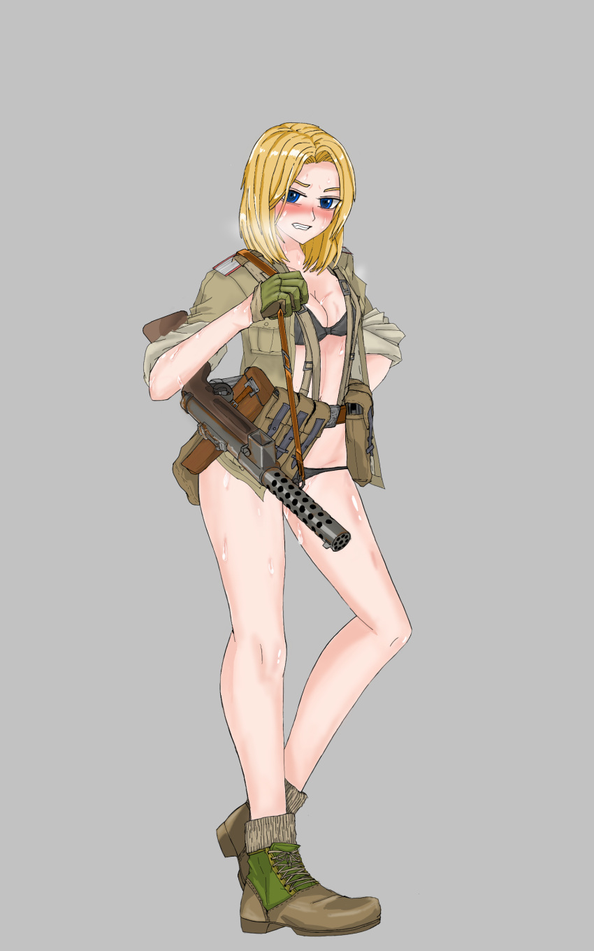 1girl absurdres ankle_boots black_bra black_panties blonde_hair blue_eyes blush boots bra breasts brown_footwear brown_shirt carrying cleavage clenched_hand commentary cross-laced_footwear english_commentary frown full_body german_army glaring gloves green_gloves grey_background grimace gun hand_on_hip harness heel_up highres long_sleeves looking_at_viewer machine_gun medium_breasts medium_hair open_clothes open_shirt original panties shirt simple_background sleeves_rolled_up solo standing steam underwear weapon weapon_request world_war_ii yellow_chease