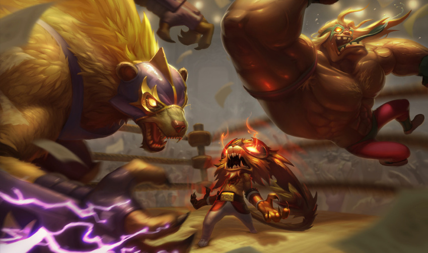 abs alternate_costume armband armpit_hair armpits biceps blonde_hair bodysuit braum_(league_of_legends) brown_fur claws colored_skin covered_eyes dr._mundo el_leon_gnar el_macho_mundo el_rayo_volibear el_tigre_braum electricity fangs fighting fighting_stance furry furry_male glowing glowing_eyes gnar_(league_of_legends) hairy jewelry kaleshire large_pectorals league_of_legends looking_up luchador luchador_mask mask muscular muscular_male official_art open_mouth pants pectorals red_eyes ring sharp_teeth tank_top teeth thick_arms thunder tight tongue tongue_out topless_male volibear yellow_eyes yellow_fur yellow_skin
