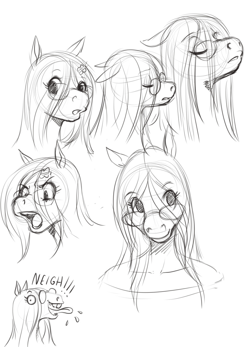 2021 absurd_res angry anthro chochi equid equine eyewear female glasses hair hi_res horse long_hair lovely_pets mammal multiple_images open_mouth sketch smile solo tongue tongue_out