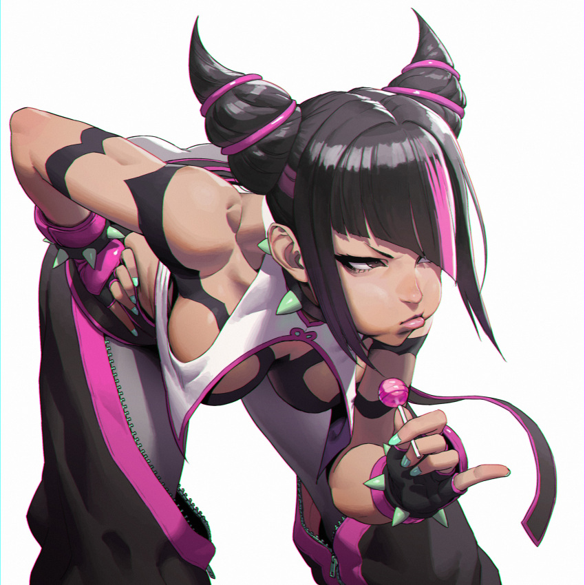 1girl absurdres bare_shoulders black_hair bracelet candy cleavage_cutout clothing_cutout drill_hair fingerless_gloves food gloves hair_horns han_juri hand_on_hip highres jewelry leaning_forward lollipop loped multicolored_hair nail_polish pink_hair pout short_hair solo spiked_bracelet spikes streaked_hair street_fighter street_fighter_6 twin_drills unzipped white_background zipper_pull_tab