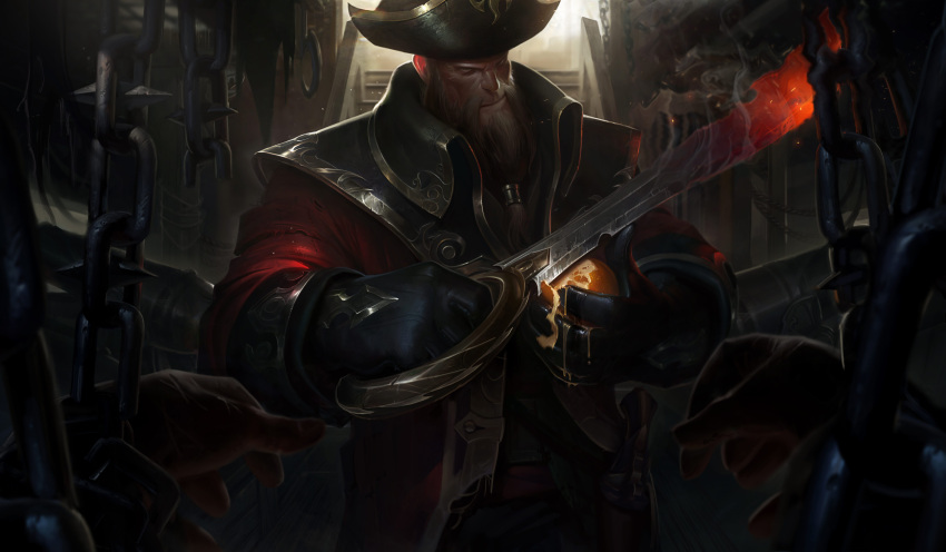 1boy absurdres alex_flores bad_source beard boat captain_gangplank chain clenched_hand coat collar collared_coat cutting dark facial_hair feet_out_of_frame flaming_sword flaming_weapon food fruit gangplank_(league_of_legends) gloves hat highres juice league_of_legends looking_at_viewer male_focus mature_male official_art orange_(fruit) solo watercraft weapon white_hair