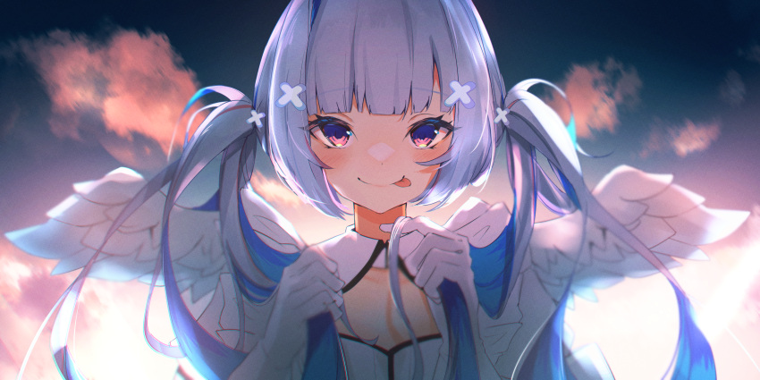 1girl :q amane_kanata angel angel_wings bangs blue_hair blunt_bangs blush bunching_hair colored_inner_hair feathered_wings flat_chest gloves grey_hair hair_ornament hairclip highres hololive long_hair looking_at_viewer lotion multicolored_hair official_alternate_costume purple_eyes skirt solo sui._(suikun) sunscreen tongue tongue_out twintails virtual_youtuber white_gloves white_skirt white_wings wings