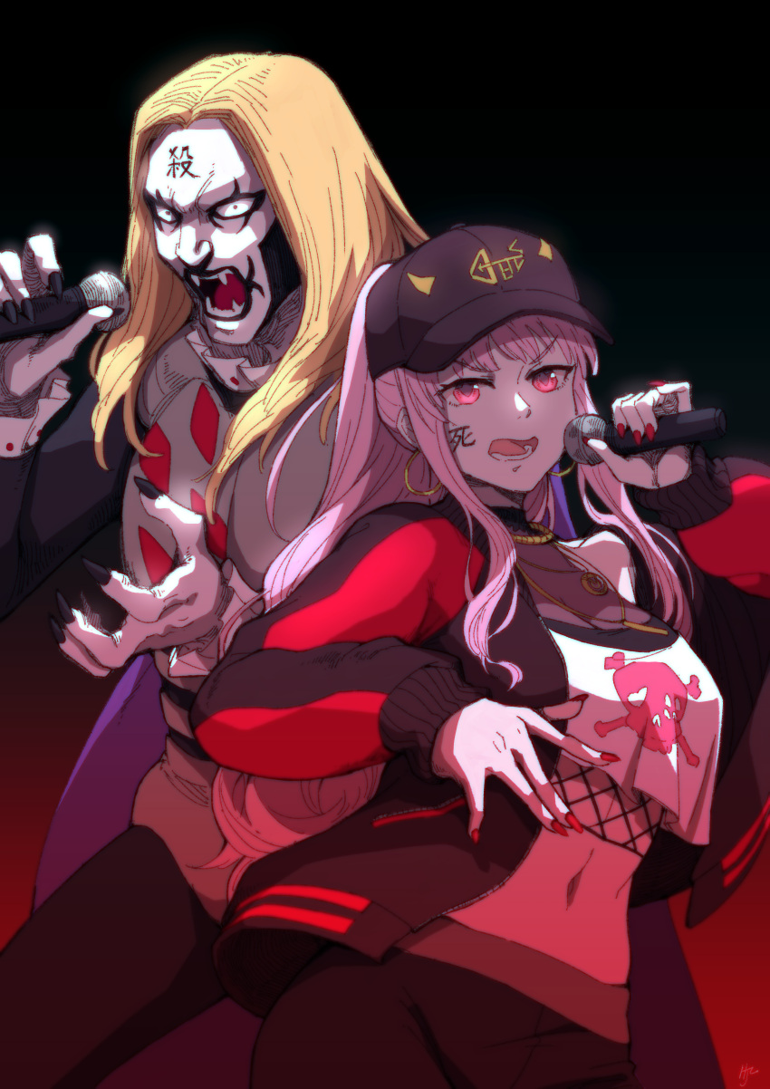 1boy 1girl absurdres black_eyes black_jacket black_nails blonde_hair breasts cape cleavage crossover detroit_metal_city earrings facepaint fangs fingernails fishnets frills gradient gradient_background hair_through_headwear hand_gesture hat heart highres hjz_(artemi) holding holding_microphone hololive hololive_english hoop_earrings jacket jewelry johannes_krauser_ii long_fingernails long_hair lower_teeth microphone midriff mori_calliope multicolored_clothes multicolored_jacket music navel necklace open_clothes open_jacket open_mouth pink_eyes pink_hair ponytail purple_cape red_jacket red_nails see-through sharp_fingernails signature singing skull_print sleeves_past_wrists teeth tongue virtual_youtuber