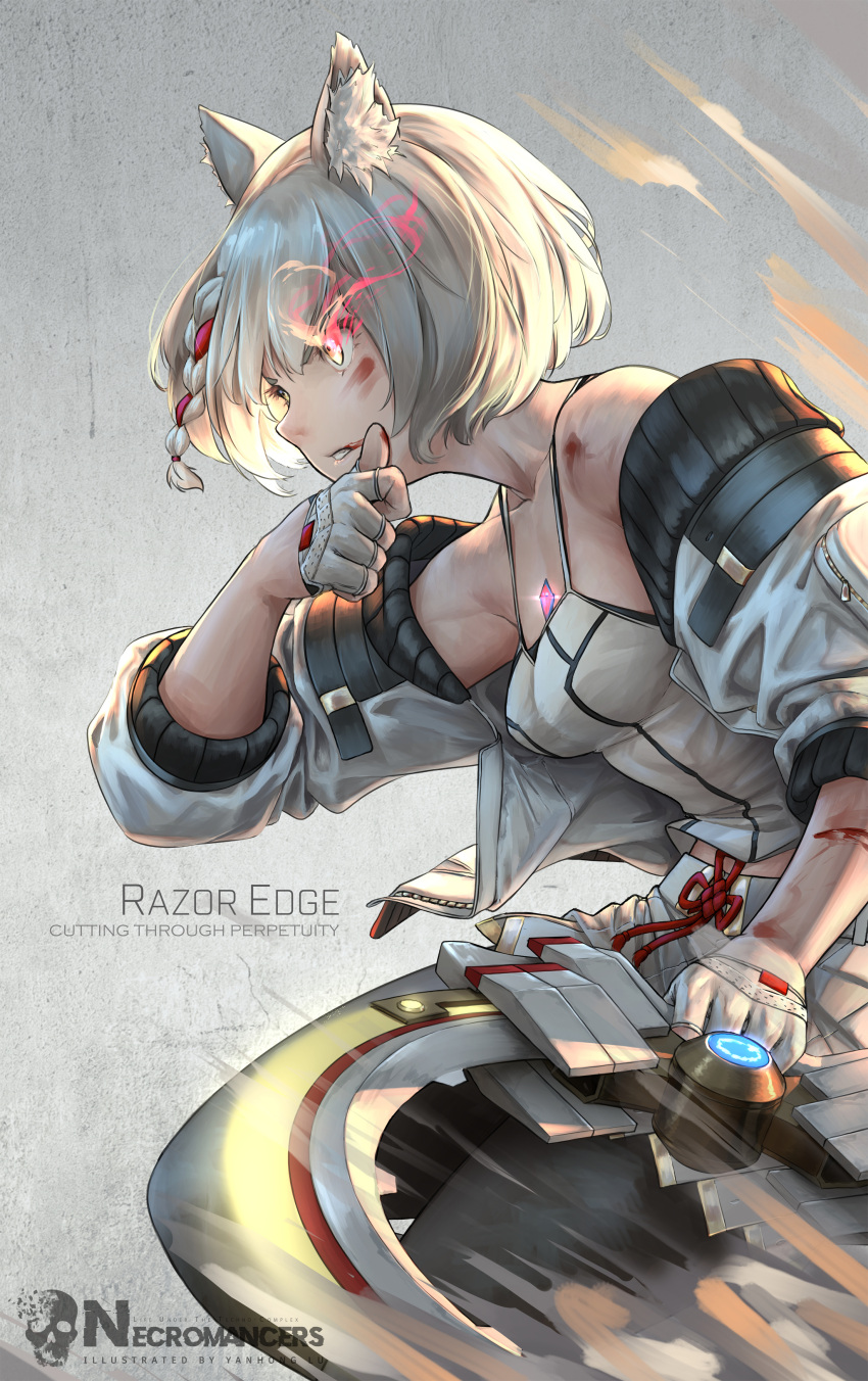 1girl absurdres animal_ears blood blood_on_face braid camisole cat_ears chakram chest_jewel fingerless_gloves gloves glowing glowing_eye grey_hair half_gloves highres injury jacket lu_(pixiv20967832) mio_(xenoblade) watermark weapon white_camisole white_jacket wiping_face xenoblade_chronicles_(series) xenoblade_chronicles_3