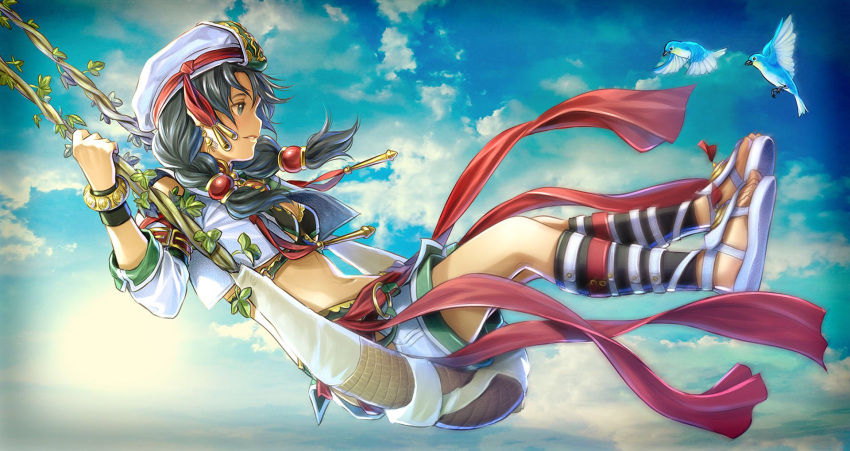 1girl animal bird black_bra black_hair blue_sky bra bracelet cloud cloudy_sky day gladiator_sandals hat highres jewelry looking_at_another mino_tarou open_clothes open_shirt outdoors sandals shoe_soles shorts sky smile soulcalibur soulcalibur_vi swing swinging tagme talim third-party_source toes underwear white_bird white_footwear white_headwear