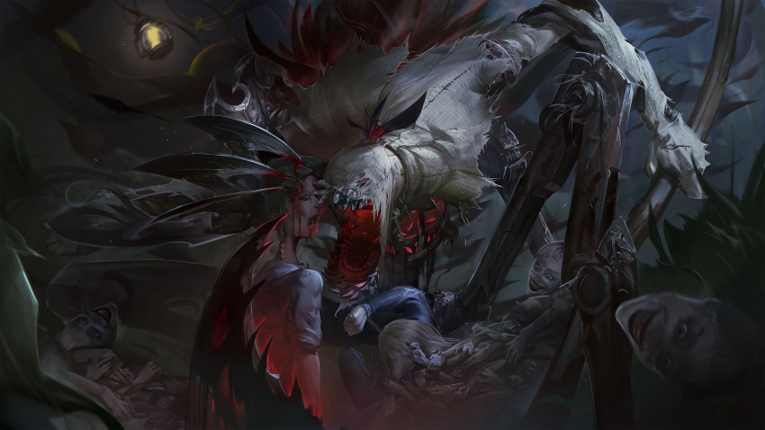 2others absurdres blood claws fiddlesticks grin highres holding holding_scythe holding_weapon horror_(theme) injury lamp league_of_legends mask mask_removed monster multiple_hands multiple_legs multiple_others night open_mouth outdoors scarecrow scythe sharp_teeth short_sleeves smile teeth weapon wutu_(1183238220)