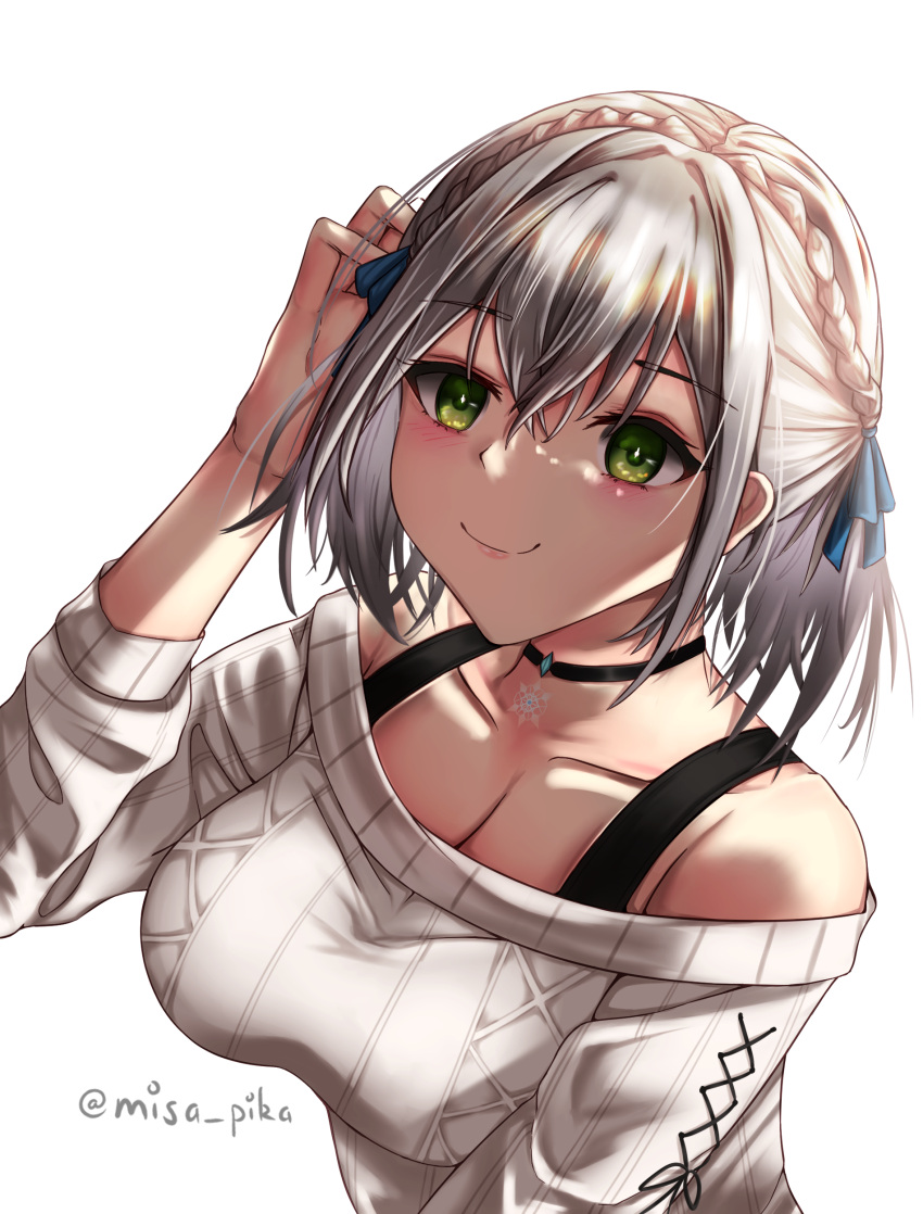 1girl absurdres adjusting_hair artist_name bangs black_choker blush bra_strap braid breasts casual choker collarbone commentary dated_commentary green_eyes grey_hair hair_ribbon hand_in_own_hair highres hololive lips long_sleeves looking_at_viewer medium_breasts misa_pika off-shoulder_sweater off_shoulder ribbon shirogane_noel short_hair smile snowflake_choker solo sweater twitter_username upper_body virtual_youtuber white_background white_sweater