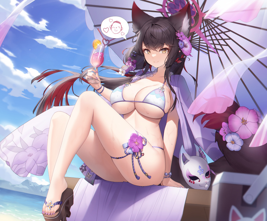 1girl absurdres animal_ear_fluff animal_ears arm_support bangs bare_legs beach bead_bracelet beads bikini blue_archive blue_sky bracelet breasts brown_hair brown_tail cleavage closed_mouth cloud cup day drink dutch_angle floating_hair floral_print flower fox_ears fox_girl fox_mask fox_tail from_below full_body halo heart highres holding holding_cup holding_drink jewelry large_breasts legs linea_alba long_hair looking_at_viewer mask morung multicolored_hair ocean outdoors parasol pink_flower platform_footwear red_hair sandals shawl sidelocks sitting skindentation sky smile solo speech_bubble spoken_heart streaked_hair swimsuit tail thigh_strap thighs toes tropical_drink umbrella wakamo_(blue_archive) wakamo_(swimsuit)_(blue_archive) wet yellow_eyes