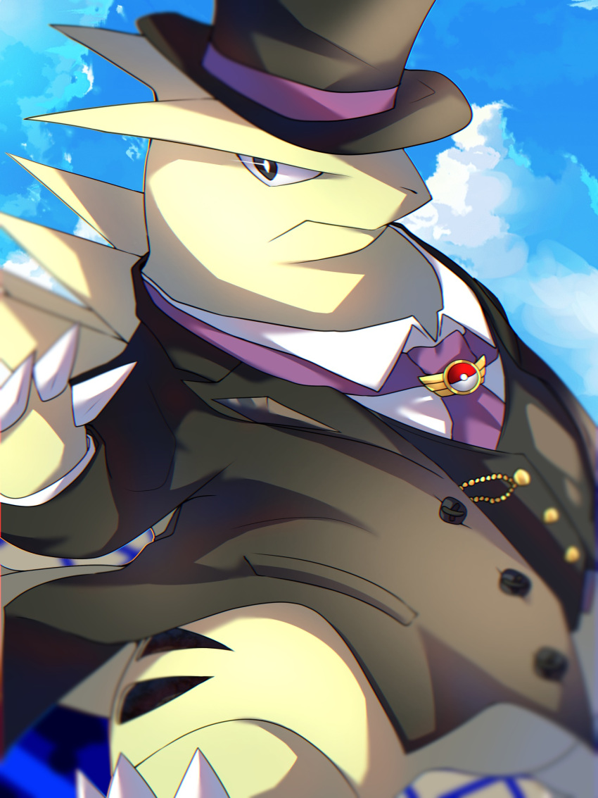 ambiguous_gender black_tie_(suit) bottomless_ambiguous claws clothing cloud collar_shirt dress_shirt feral generation_2_pokemon hat headgear headwear hi_res mame02550912 nintendo pok&eacute;mon_unite pokemon pokemon_(species) shirt solo suit toe_claws top_hat topwear tuxedo_style_tyranitar tyranitar video_games