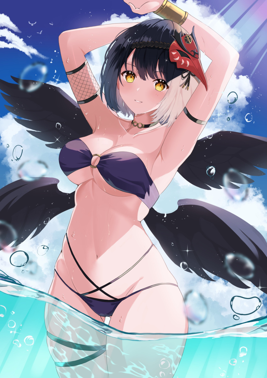 1girl absurdres alternate_costume arm_strap armpits arms_up bare_shoulders bikini black_hair black_wings blue_sky bracelet breasts choker cloud fishnets genshin_impact gold_bracelet grin highres jewelry kujou_sara large_breasts looking_at_viewer mask mask_on_head multi-strapped_bikini o-ring o-ring_bikini partially_underwater_shot rererere_mon short_hair sky smile solo strapless strapless_bikini swimsuit tengu_mask thigh_strap thighs wading water water_drop wet wings yellow_eyes