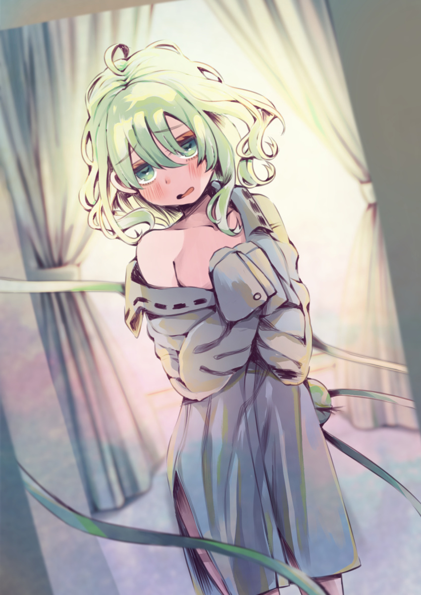 1girl bangs blurry blurry_background blush covering covering_breasts cowboy_shot culotte_(hosenrock) curtains dutch_angle eyeball furrowed_brow hair_between_eyes heart heart-shaped_pupils highres indoors komeiji_koishi light_green_hair looking_at_viewer medium_hair no_headwear off_shoulder parted_lips single_bare_shoulder solo symbol-shaped_pupils third_eye touhou window