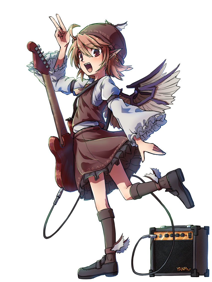 1girl absurdres ahoge animal_ears bird_ears bird_wings black_footwear blush brown_eyes brown_headwear brown_skirt brown_socks brown_vest earrings electric_guitar frilled_skirt frilled_sleeves frills full_body guitar hair_between_eyes hat highres instrument jewelry kneehighs kusiyan long_sleeves mystia_lorelei open_mouth pink_hair shirt shoes short_hair simple_background single_earring skirt smile socks solo touhou v vest white_background white_shirt white_wings wide_sleeves winged_hat wings