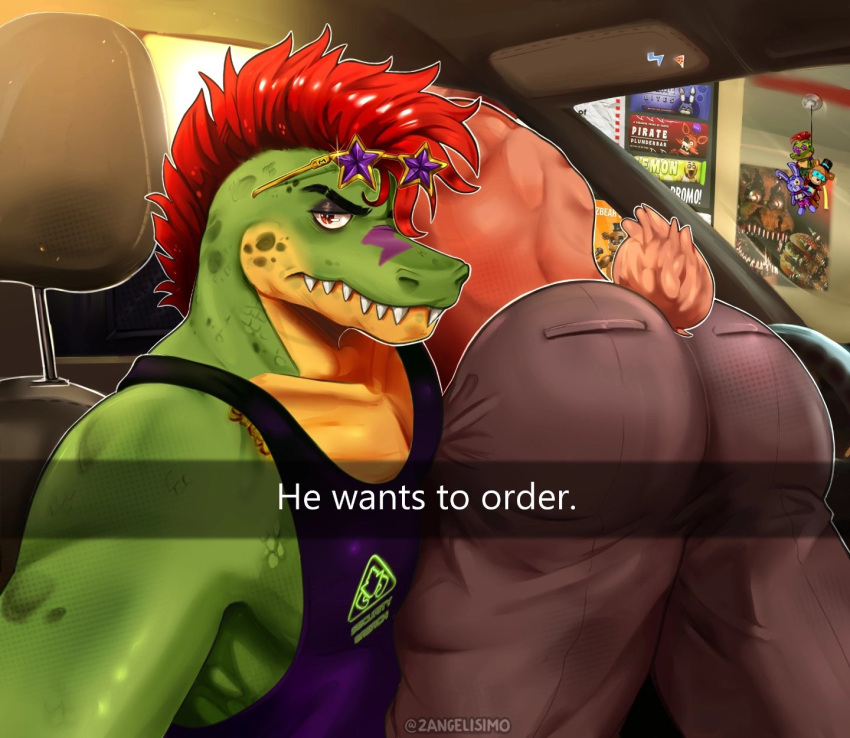 2022 2angelisimo alligator alligatorid anthro bent_over big_butt big_muscles bottomwear butt caption car clothed clothing crocodilian drive-thru driving duo english_text eyebrows eyewear eyewear_on_head facial_markings five_nights_at_freddy's five_nights_at_freddy's:_security_breach frown furgonomics glamrock_freddy_(fnaf) green_body hair he_wants_to_order head_markings hi_res humor inside looking_at_viewer male mammal markings meme mohawk montgomery_gator_(fnaf) muscular muscular_anthro muscular_male narrowed_eyes ordering_food pants red_hair reptile scalie scottgames selfie sharp_teeth shirt sitting snapchat sunglasses sunglasses_on_head tail_clothing tank_top teeth text topless topless_anthro topless_male topwear url ursid vehicle video_games window