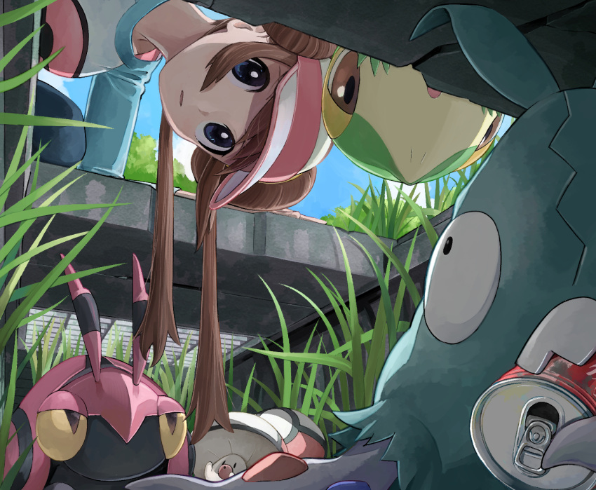 1girl black_pantyhose blue_eyes bright_pupils brown_hair can cloud commentary_request day double_bun doughnut_hair_bun foongus from_below grass hair_bun highres long_hair looking_down mukiguri outdoors pantyhose pokemon pokemon_(creature) pokemon_(game) pokemon_bw2 rosa_(pokemon) shirt sky snivy trubbish twintails venipede visor_cap white_pupils