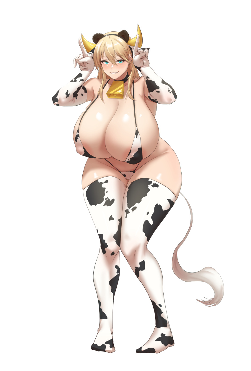 1girl absurdres animal_ears animal_print bear_ears bell bikini black_collar blonde_hair blue_eyes breasts cleavage collar cow_horns cow_print dryseaweed elbow_gloves fake_animal_ears fake_horns frigga_(last_origin) full_body gloves hair_between_eyes highres horns huge_breasts last_origin long_hair looking_at_viewer mole mole_under_mouth neck_bell simple_background smile solo standing swimsuit thick_thighs thighhighs thighs white_background white_bikini white_gloves white_thighhighs wide_hips