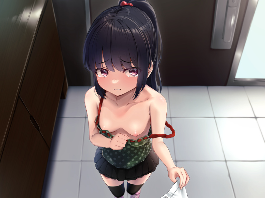 1boy 1girl absurdres bangs bare_arms bare_shoulders beads black_hair black_skirt black_thighhighs blunt_bangs blush breasts camisole clothes_pull collarbone commentary_request door embarrassed floor frown full_body furniture green_camisole hair_beads hair_ornament highres indoors looking_at_viewer miniskirt nipple_slip nipples no_bra off_shoulder original parted_bangs parted_lips pink_eyes pink_footwear pleated_skirt polka_dot_camisole ponytail pull purple_eyes shirt shirt_pull shoes sidelocks skirt small_breasts stone_floor teardrop tearing_up tears teeth thighhighs wall white_shirt yigra_don