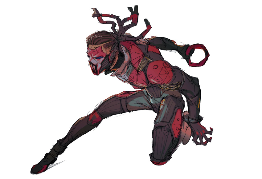 1boy apex_legends apex_legends_mobile armor black_bodysuit black_gloves bodysuit bracelet brown_hair cable chakram chinese_commentary fade_(apex_legends) gloves hair_slicked_back highres holding jewelry male_focus mask open_hand shoulder_armor sketch solo weapon white_background yitiao_da_shu