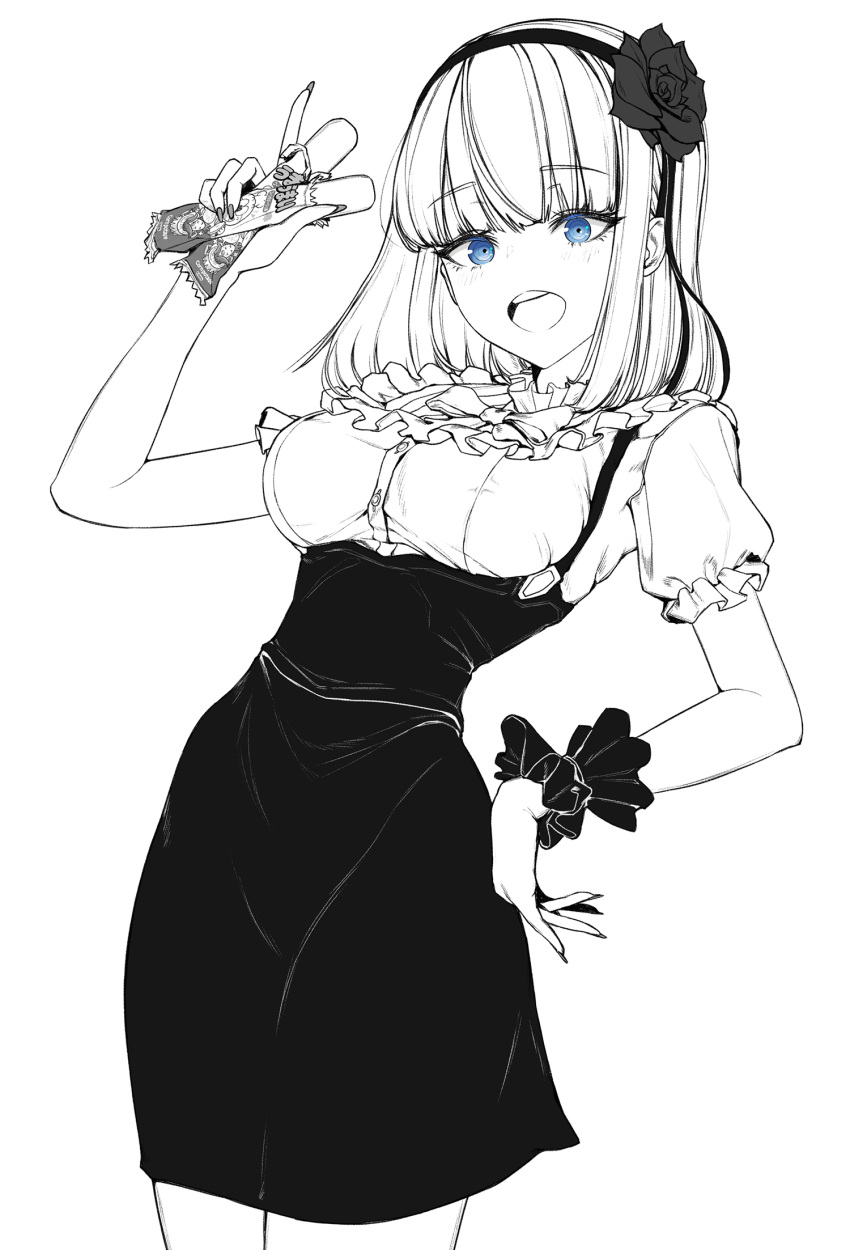 1girl :d bangs black_flower black_hairband black_pantyhose black_rose black_skirt blue_eyes blush bob_cut bow bowtie breasts cowboy_shot dagashi_kashi flower food frilled_shirt frilled_sleeves frills greyscale hair_between_eyes hair_ornament hairband hancho hand_up high-waist_skirt highres holding holding_food large_breasts lineart looking_at_viewer monochrome open_mouth pantyhose puffy_short_sleeves puffy_sleeves ringed_eyes rose round_teeth shidare_hotaru shirt short_hair short_sleeves simple_background sketch skirt smile snack solo_focus teeth umaibou upper_body white_background white_shirt wrist_cuffs wristband