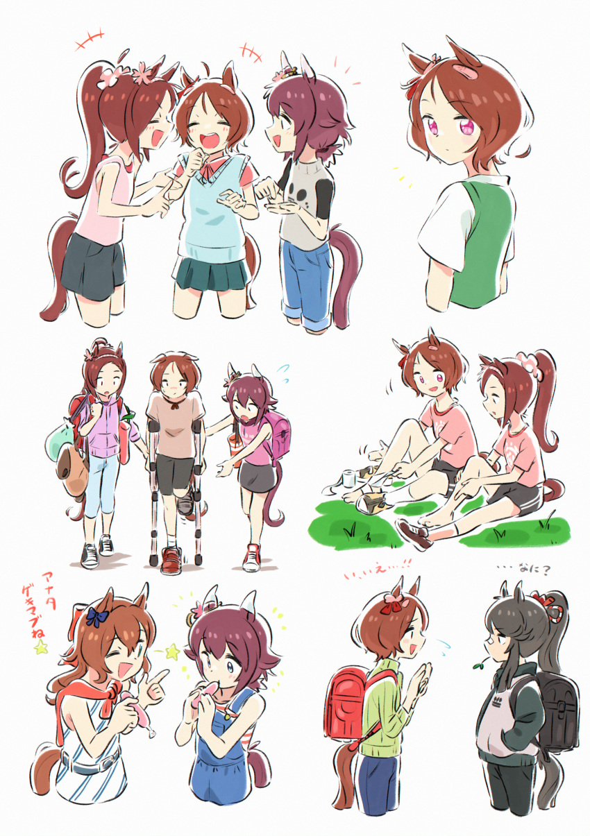 +++ 5girls :d ;d absurdres animal_ears appleq backpack bag black_hair black_skirt blue_eyes brown_hair closed_eyes commentary_request cropped_legs crutch female_child flower green_skirt hair_flower hair_ornament hair_scrunchie highres horse_ears horse_girl horse_tail long_hair maruzensky_(umamusume) multiple_girls narita_brian_(umamusume) one_eye_closed open_mouth pants pants_rolled_up pink_eyes ponytail randoseru sakura_bakushin_o_(umamusume) sakura_chiyono_o_(umamusume) sakura_laurel_(umamusume) scrunchie short_hair shorts simple_background skirt smile tail translation_request umamusume white_background younger