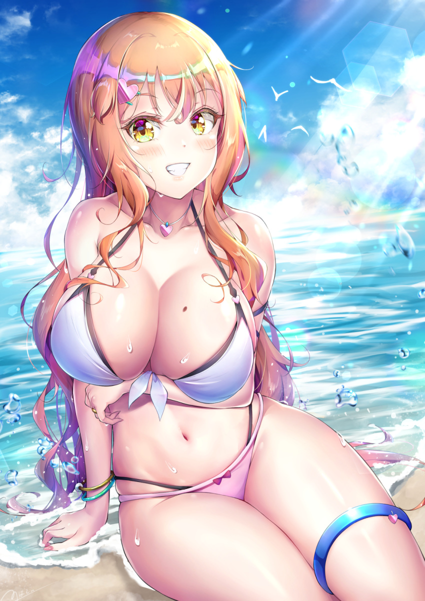 1girl bangs beach bikini blue_sky blush bracelet breasts cleavage cloud collarbone duplicate front-tie_bikini front-tie_top grin hair_ornament halterneck heart heart_hair_ornament heart_necklace highres jewelry large_breasts long_hair looking_at_viewer mole mole_on_breast multi-strapped_bikini_bottom natsusora_aona navel necklace novady orange_hair original outdoors pixel-perfect_duplicate sky smile solo sunlight swimsuit thigh_strap water wet white_bikini yellow_eyes