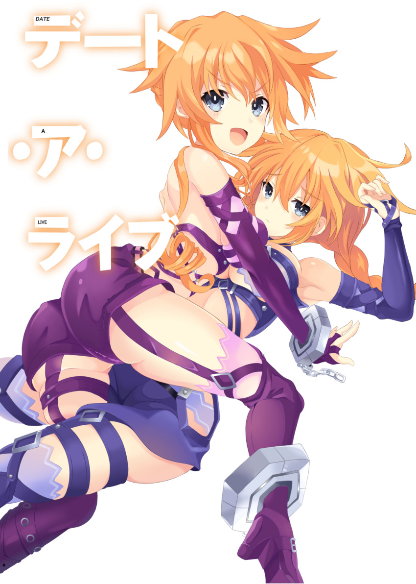 2girls :d all_fours armpits ass asymmetrical_docking backless_outfit bare_shoulders between_legs blue_eyes blue_skirt blush boots braid braided_ponytail breast_press breasts chain commentary_request copyright_name cover cuffs date_a_live detached_sleeves drill_hair fake_cover frown garter_straps girl_on_top handcuffs happy high_heel_boots high_heels highres kneeling large_breasts legs long_hair looking_at_viewer looking_back lying medium_breasts midriff miniskirt multiple_girls on_back orange_hair pink_thighhighs purple_shorts ramu-on@_shinon short_shorts shorts siblings sidelocks sisters skirt smile thigh_boots thighhighs thighs twin_drills twins underboob very_long_hair yamai_kaguya yamai_yuzuru