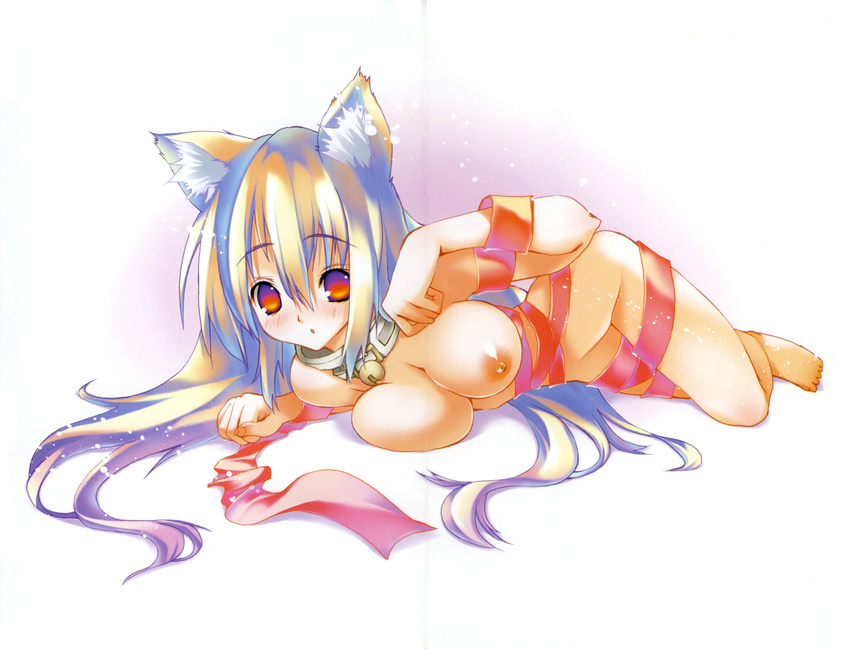 animal_ears bell blush breasts cleavage copyright_request grey_hair highres large_breasts long_hair nude red_eyes ribbon riki_(riki2) scan solo