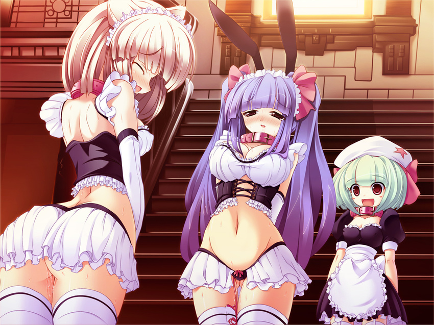 apron blonde_hair collar elbow_gloves gloves long_hair maid multiple_girls object_insertion original purple_hair pussy_juice short_hair skirt stairs thighhighs torisan vaginal vaginal_object_insertion vibrator window