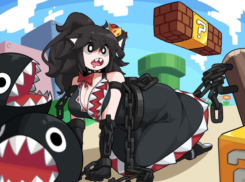 1girl ?_block absurdres animal_ears black_dress black_eyes black_footwear black_gloves black_hair bow breasts bright_pupils chain_chomp cleavage collar collarbone cuffs dog_ears dog_girl dress elbow_gloves fire_flower gloves highres industrial_pipe large_breasts long_hair looking_away mario_(series) min_lona new_super_mario_bros._u_deluxe open_mouth personification ponytail red_bow shackles sharp_teeth solo spiked_collar spikes super_crown teeth upper_teeth white_pupils