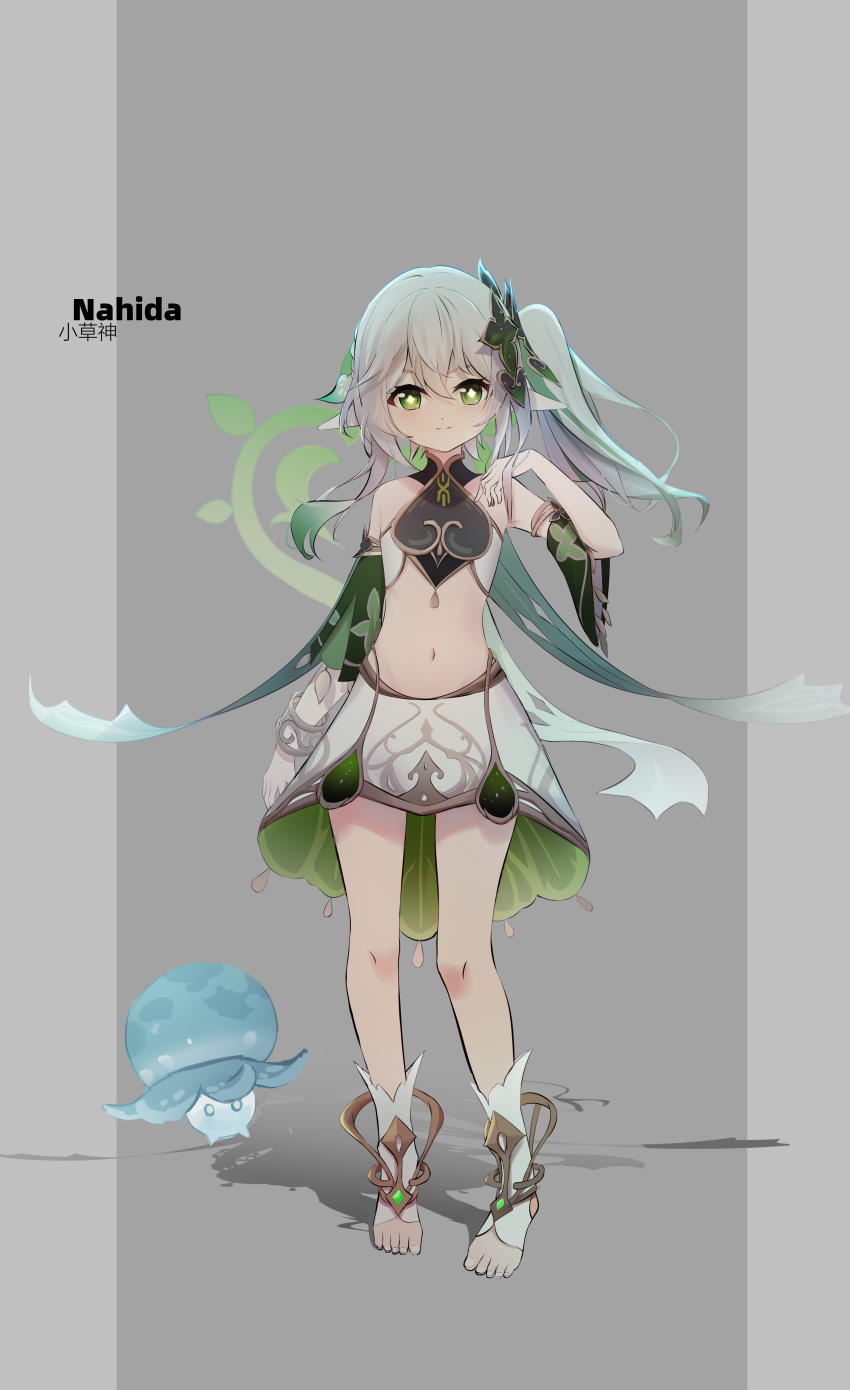 1girl absurdres character_name crop_top detached_sleeves feet full_body genshin_impact green_eyes grey_background grey_hair hand_on_own_chest highres long_hair midriff nahida_(genshin_impact) navel pointy_ears qixia side_ponytail simple_background skirt smile socks solo thighs toeless_footwear toes white_skirt white_socks