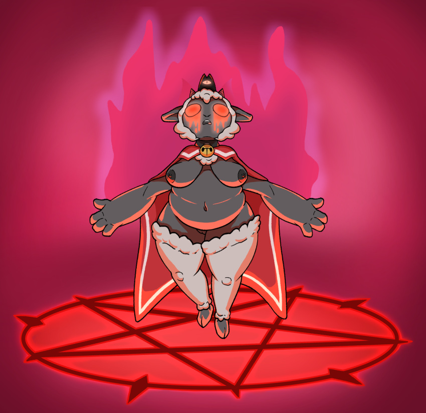 anthro belly big_belly big_breasts big_nipples bovid breasts cape caprine chubby_female clothing crown cuddly cult cult_of_the_lamb cultist demon dramatic_lighting female fire fluffy genitals glowing glowing_eyes glowing_tears hi_res hooves horn impishhyena lamb_(cult_of_the_lamb) mammal navel nipples overweight pentagram pussy sheep slightly_chubby soft solo spread_arms summoning summoning_circle thick_arms thick_thighs wide_hips