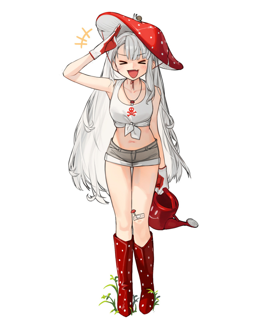 1girl arm_up bandaid bandaid_on_knee bandaid_on_leg bangs boots closed_eyes full_body gloves grey_shorts highres long_hair midriff navel open_mouth original polka_dot_footwear print_tank_top red_footwear red_headwear rinotuna shirt shorts simple_background smile solo standing tank_top tied_shirt very_long_hair watering_can white_background white_hair white_tank_top