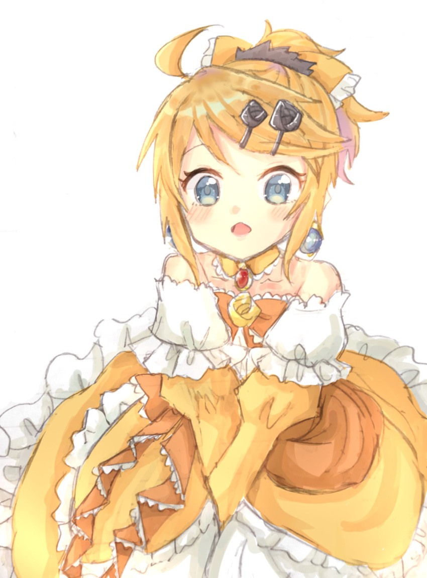 ahoge aku_no_musume_(vocaloid) aquamarinu arms_between_legs bangs bare_shoulders blush bow brooch choker collarbone dress dress_flower earrings evillious_nendaiki flower frilled_choker frilled_dress frills hair_bow hair_ornament hairclip highres jewelry kagamine_rin looking_at_viewer off-shoulder_dress off_shoulder open_mouth orange_bow own_hands_together petticoat riliane_lucifen_d'autriche rose short_ponytail sidelocks surprised swept_bangs updo vocaloid yellow_bow yellow_choker yellow_dress yellow_flower yellow_rose