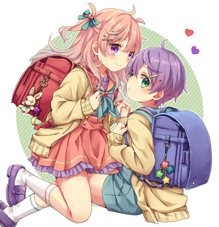 1boy 1girl aqua_eyes backpack bag blue_background blush circle closed_mouth facing_another frown heart highres long_hair looking_at_viewer multicolored_background original pink_hair randoseru rii_(pixiv11152329) short_hair siblings smile star_(symbol) twins white_background