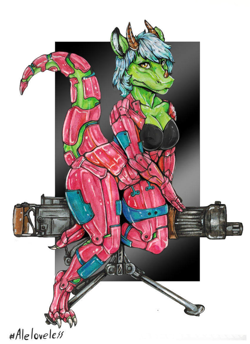 absurd_res armor big_breasts blue_formalin breasts clothing costume diana_digma dragon facial_horn female green_body green_scales hi_res horn machine scales scalie solo weapon