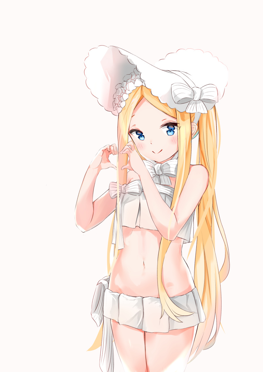 1girl abigail_williams_(fate) abigail_williams_(swimsuit_foreigner)_(fate) absurdres bangs bare_arms bare_shoulders bikini blonde_hair blue_eyes bonnet bow closed_mouth commentary_request cropped_legs fate/grand_order fate_(series) forehead hair_bow hands_up highres long_hair navel parted_bangs pink_background simple_background smile solo striped striped_bow swimsuit twintails very_long_hair white_bikini white_bow white_headwear yukaa