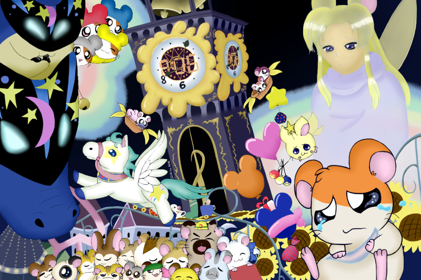 3:2 accessory amusement_ride bag balloon bell bijou_(hamtaro) bodily_fluids boss_(hamtaro) brown_body brown_fur building cappy_(hamtaro) clock clock_tower clothing cricetid crying dexter_(hamtaro) dragon equid equine female feral flower fur gift gift_box group hamster hamtaro hamtaro_(series) hat headgear headwear hooves howdy_(hamtaro) inflatable jingle_(hamtaro) lunarpanda8686 male mammal mask maxwell_(hamtaro) orange_body orange_fur oxnard_(hamtaro) panda_(hamtaro) pashmina_(hamtaro) pegasus penelope_(hamtaro) plant rodent roller_coaster sandy_(hamtaro) scarf snoozer_(hamtaro) stan_(hamtaro) sunflower tears white_body white_fur wings