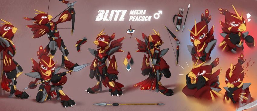 angry anthro avian bird bow_(weapon) butt front_view galliform male mechanic melee_weapon model_sheet peafowl phasianid polearm ranged_weapon rear_view red_body solo spear stampmats weapon
