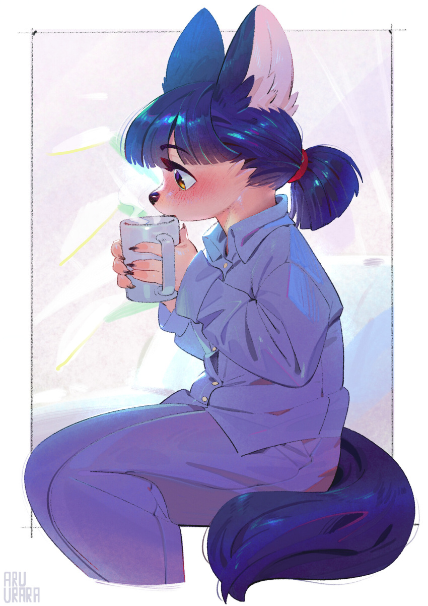 anthro aruurara black_ears black_hair black_nose black_tail brown_eyes canid canine clothing female fur hair hi_res hot_drink kemono mammal meme_(aruurara) pajamas pigtails profile_view sitting solo steam tan_body tan_fur young