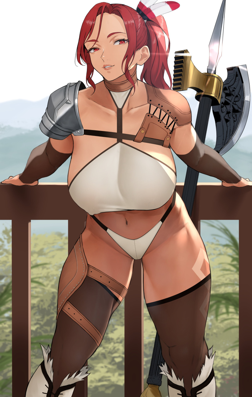 1girl absurdres axe bad_id bad_twitter_id bangs bare_shoulders battle_axe bikini breasts collarbone highleg highleg_bikini highres large_breasts long_hair looking_at_viewer navel original ponytail red_eyes red_hair smile solo swimsuit thighhighs thighs weapon white_bikini yoshio_(55level)