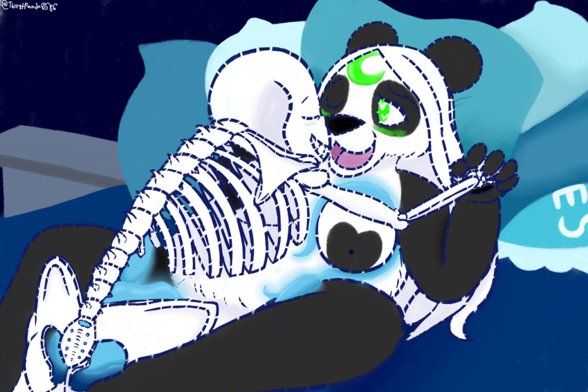 3:2 animated_skeleton anthro bed black_body black_fur black_nose blue_line_art blush bone breasts duo female female_penetrated fur fur_markings furniture genitals giant_panda glowing glowing_genitalia green_eyes hair humanoid lunarpanda8686 male male/female mammal markings mika_(lunarpanda8686) nipples nude penetration penis pillow round_ears sans_(undertale) sex skeleton slightly_chubby smile tentacle_sex tentacles undead undertale_(series) ursid video_games white_body white_fur white_hair