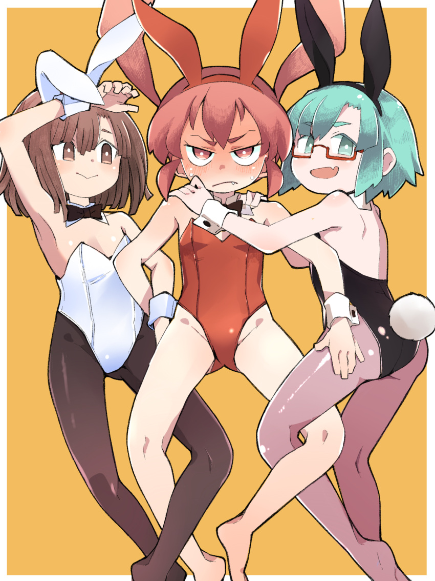 3girls :&gt; :d animal_ears arm_up armpits ass ass_visible_through_thighs back bangs black_hairband black_leotard black_pantyhose blue_eyes blue_hair blush border breasts brown_eyes brown_hair brown_pantyhose dot_nose fake_animal_ears fang flat_chest furrowed_brow glasses hairband hand_on_another's_ass highres kitanaga legs_apart leotard long_hair looking_at_another looking_at_viewer looking_to_the_side medium_breasts multiple_girls no_nose open_mouth orange_eyes orange_hair outside_border pantyhose parted_bangs playboy_bunny rabbit_tail red-framed_eyewear red_hairband red_leotard see-through see-through_legwear semi-rimless_eyewear shiny shiny_clothes shoulder_blades skin_fang smile tail tsurime twintails ueno-san_wa_bukiyou ueno_(ueno-san_wa_bukiyou) under-rim_eyewear unogawa very_long_hair white_border white_hairband white_leotard wrist_cuffs yellow_background yucopi