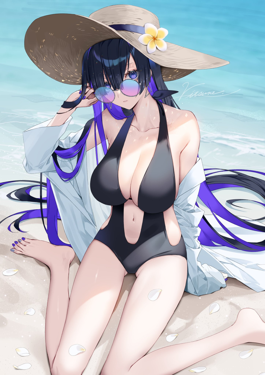 1girl beach black_one-piece_swimsuit breasts cleavage closed_mouth earrings full_body hat highres jewelry kitsune_ncv long_hair long_sleeves looking_at_viewer nail_polish navel one-piece_swimsuit open_clothes open_shirt original outdoors petals purple_eyes purple_hair purple_nails sand shirt signature sitting solo sun_hat sunglasses swimsuit toenail_polish toenails wariza water white_shirt