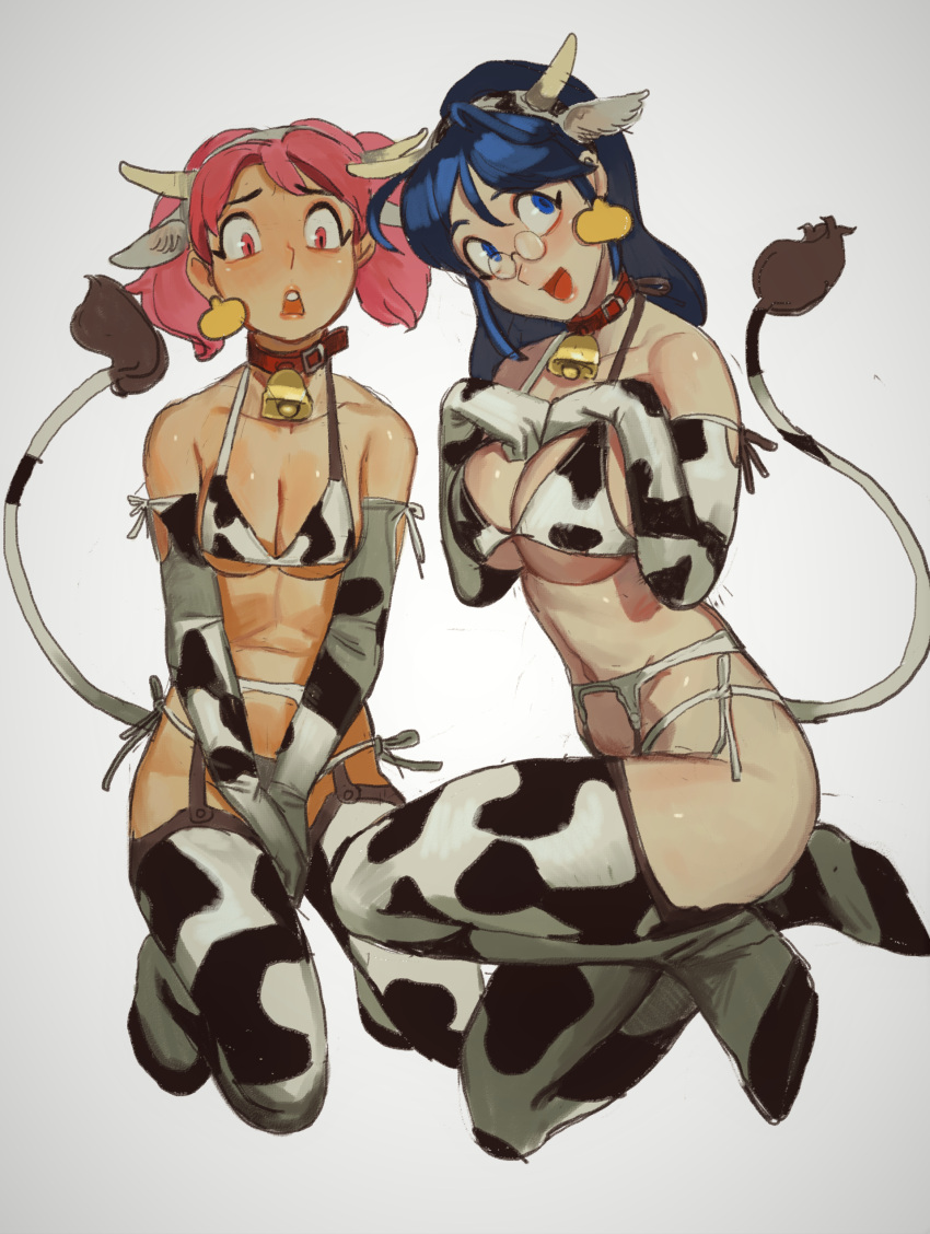2girls :d absurdres animal_ears animal_print bell belt_collar bikini blue_eyes blue_hair blush breast_suppress breasts chinese_zodiac cleavage collar cow_ears cow_horns cow_print cow_tail cowbell ear_tag elbow_gloves fake_animal_ears fake_horns fake_tail garter_belt gloves highres hinata_aki hinata_natsumi horns keroro_gunsou large_breasts long_hair looking_at_viewer medium_breasts mossacannibalis multiple_girls neck_bell open_mouth pink_eyes pink_hair simple_background smile swimsuit tail thighhighs twintails white_background white_gloves wide-eyed year_of_the_ox