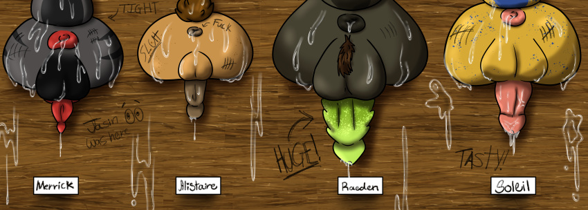 absurd_res anthro balls big_balls big_butt big_penis bodily_fluids body_writing brown_penis butt cum cum_in_ass cum_inside cum_on_penis cumshot dragon ejaculation genital_fluids genitals glory_hole glory_hole_station green_penis group hairy_balls hi_res male male/male name_tag penis pink_penis raised_tail red_penis writing_on_butt