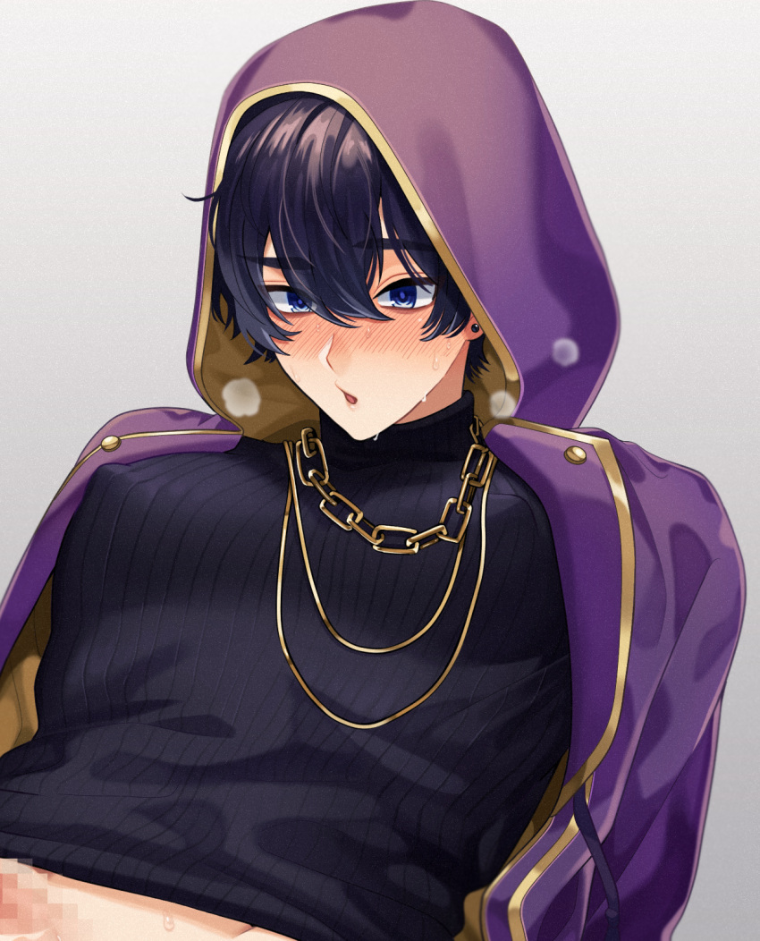 1boy blue_eyes blush censored chain clothes commission cropped earrings highres hood indie_virtual_youtuber jewelry long_sleeves male_focus pinchi purple_hair short_hair shoto_(vtuber) skeb_commission solo virtual_youtuber yaoi